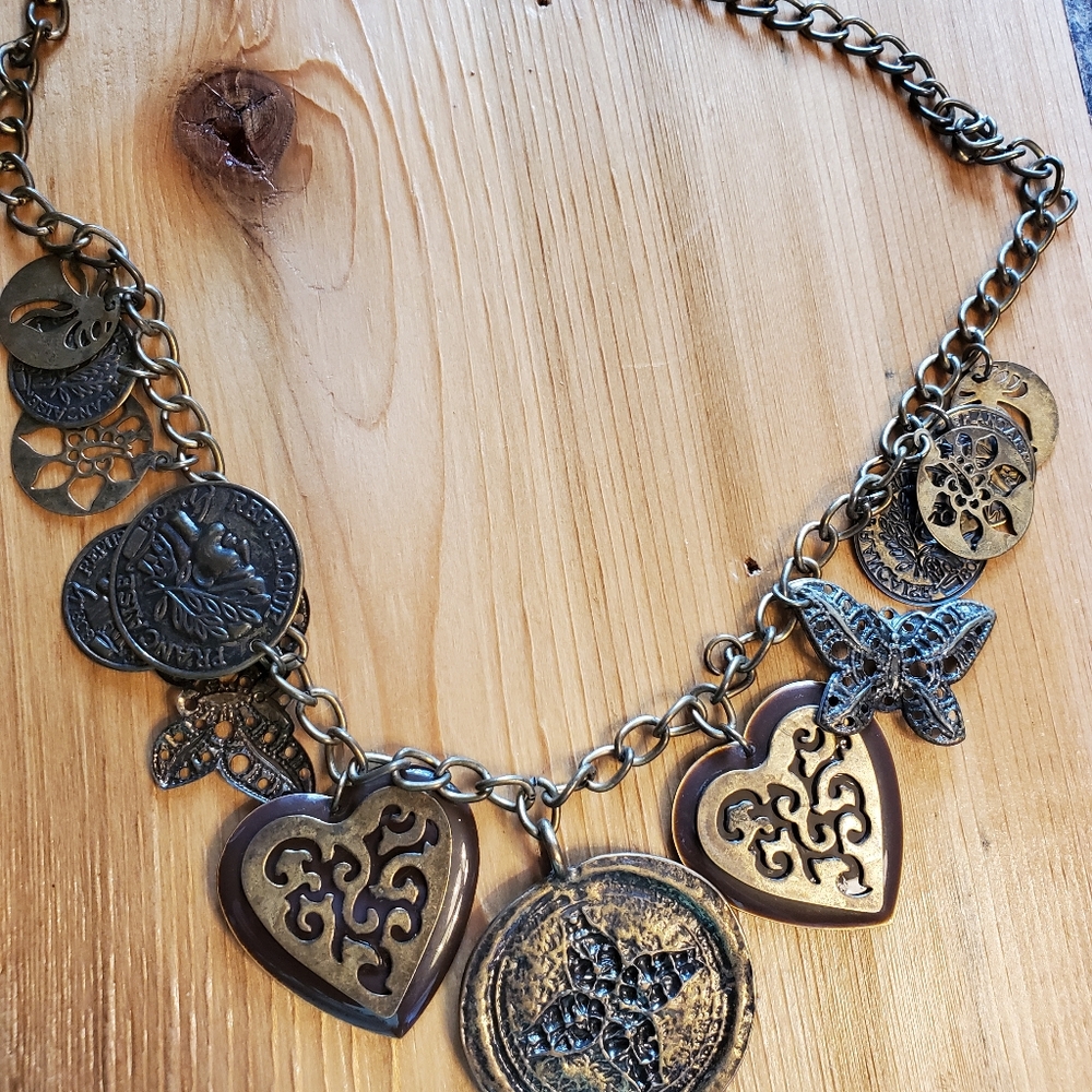 Coin and heart charm necklace
